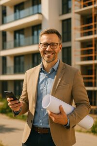 Bauleiter der Compact Bau steht mit Plänen und zeichnung vor einer Baustelle